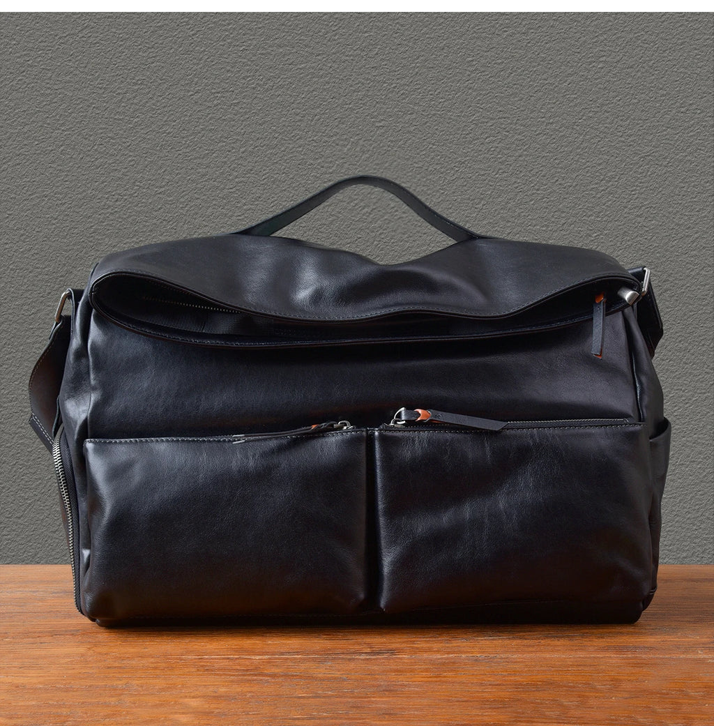 Retro Designer Men New Black Cowskin Genuine Leather Travel Bag Big Capacity Casual Tote Handbag Single Shoulder Crossbody Bag