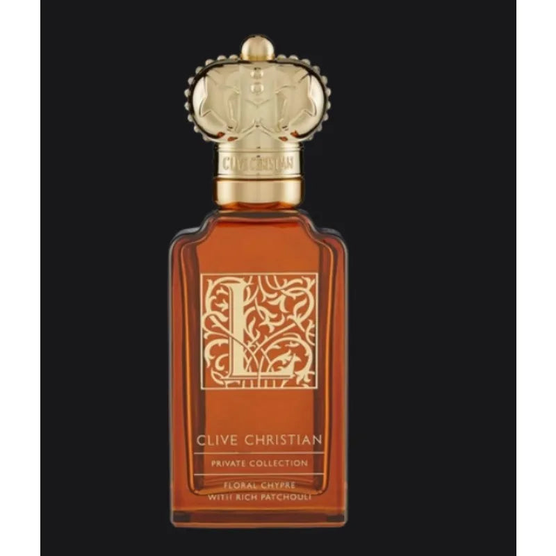 Clive Christian 50ml Amberwood perfume, elegant crown-top glass bottle, floral chypre scent with jasmine, rose, musk.