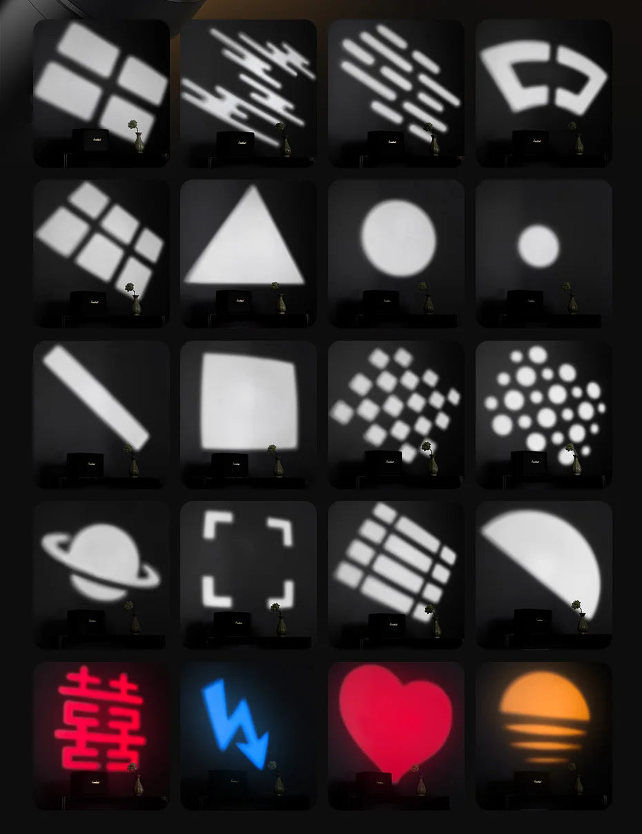 Grid of 20 gobos projecting various white, red, blue, and orange geometric, celestial, and decorative shapes on a wall.