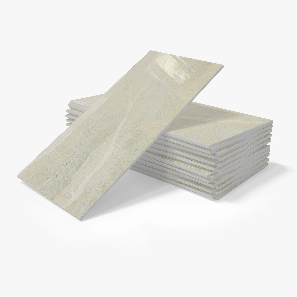 Self-adhesive ceramic tile sticker sheets, cream textured stone look stack.
