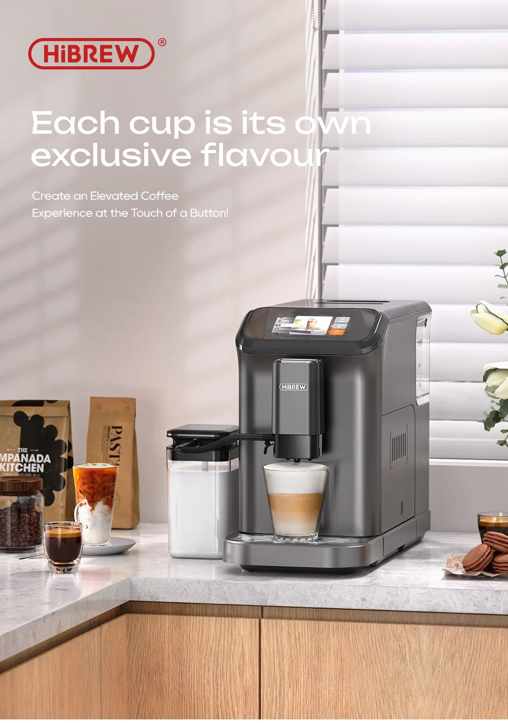 HiBREW dark grey automatic espresso coffee machine with integrated milk frother and digital touchscreen display.