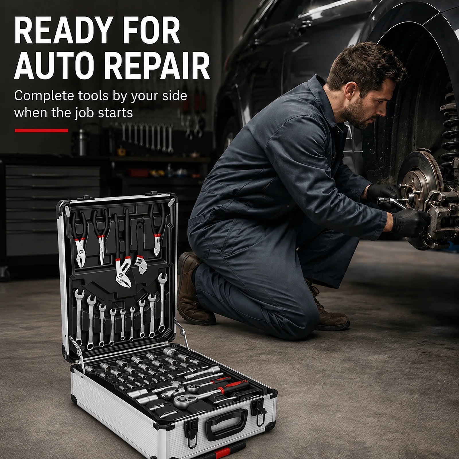 Professional Rolling Toolbox with Wheels Complete Mechanic Tool Set Heavy Duty Socket Wrench Kit Automotive Repair Hand Tools Portable Storage Case for Car Motorcycle Bicycle Home Garage Workshop Maintenance Equipment DIY