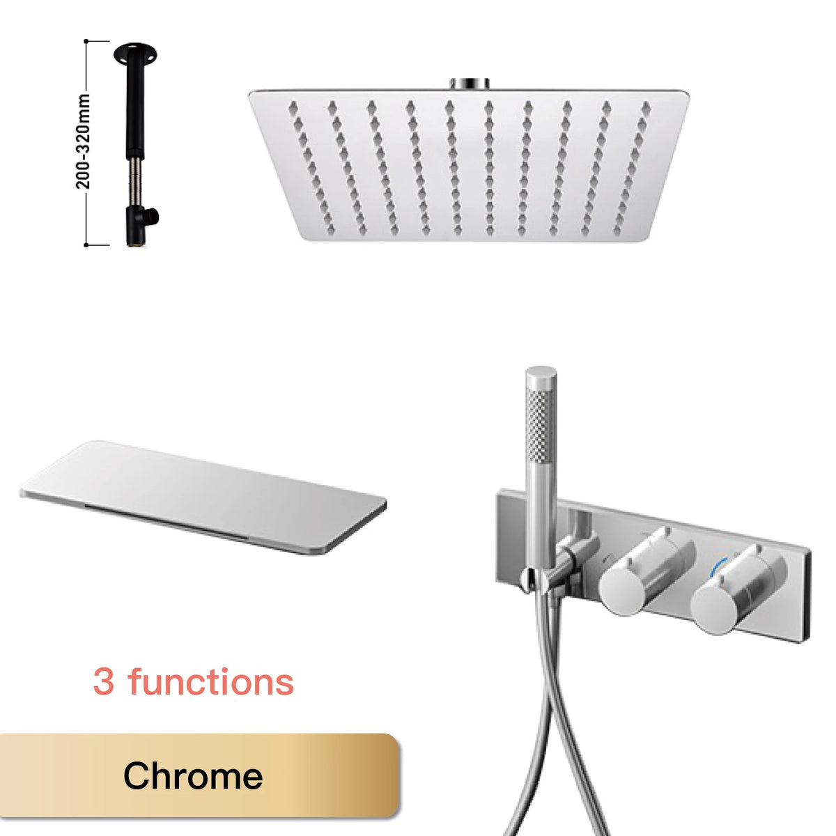 Chrome thermostatic 3-function ceiling shower set with square rain head and wall controls
