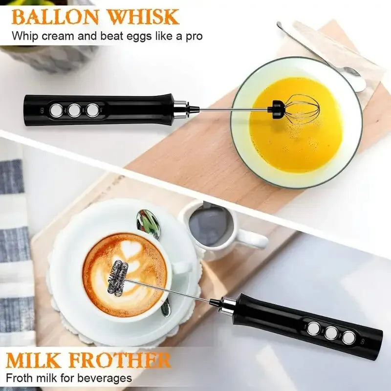 Black electric handheld milk frother with interchangeable stainless steel balloon whisk for coffee and eggs.