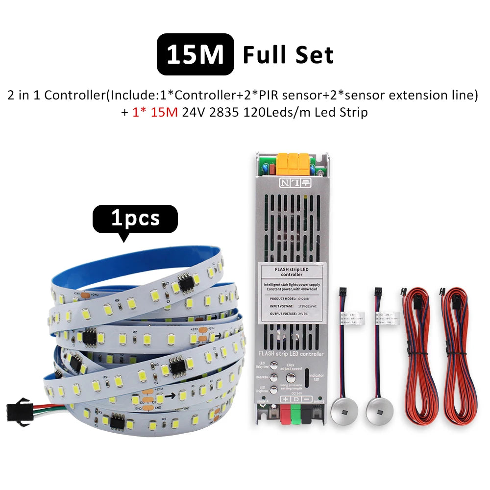 LED strip light set with controller, PIR sensor, white 15m tape and wiring