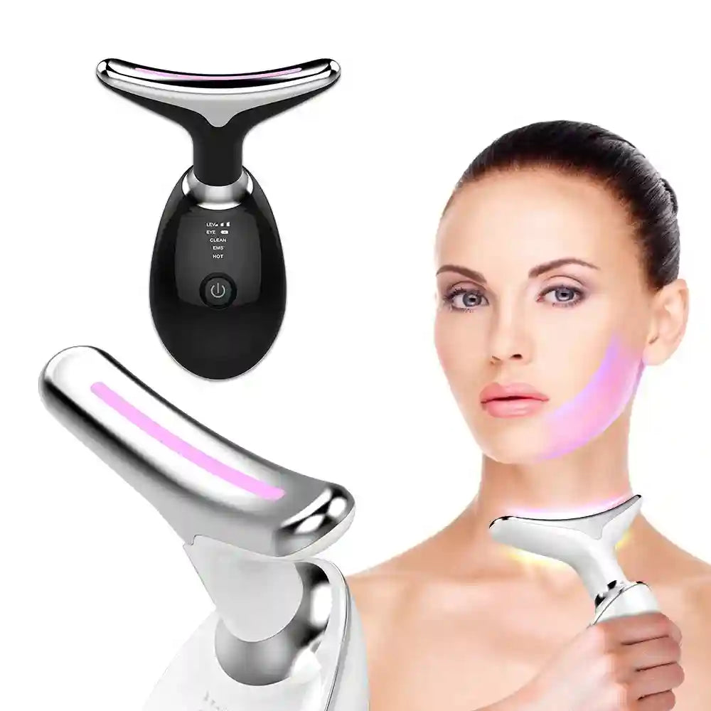 Black and white T-shaped LED facial massager devices shown with a woman using the tool on her neck.