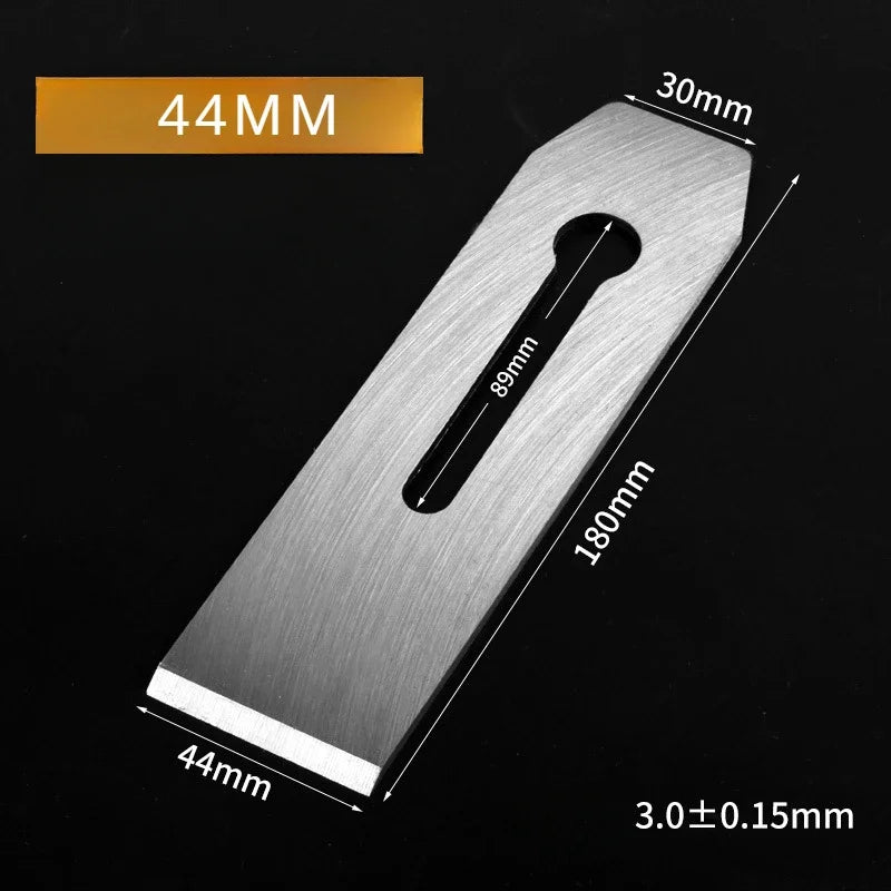 Gray steel planer blade with oval slot cutout and 44mm width