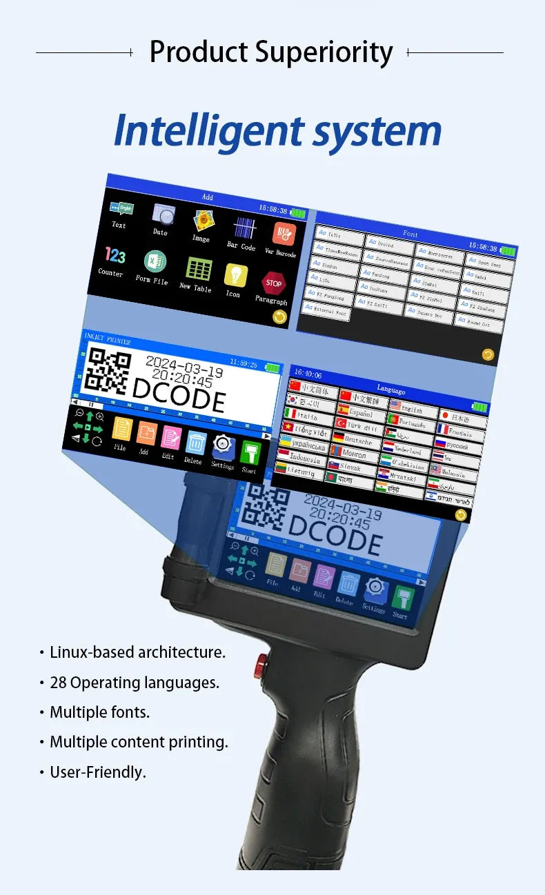 Handheld inkjet printer with touchscreen interface and DCODE label on display screen