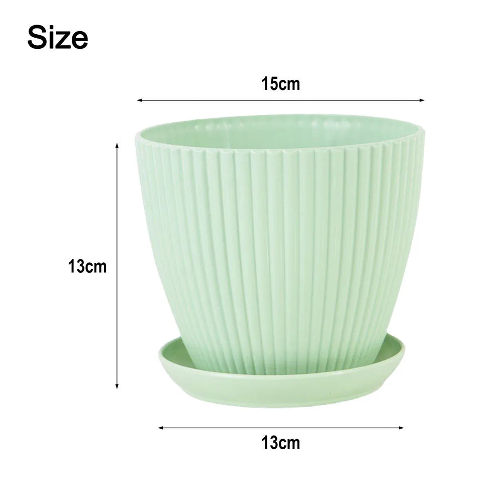 5 Pcs Modern Resin Planters 6 Inch Drainage Hole Flower Pots With Saucers Vertical Stripe Design For Houseplant Garden