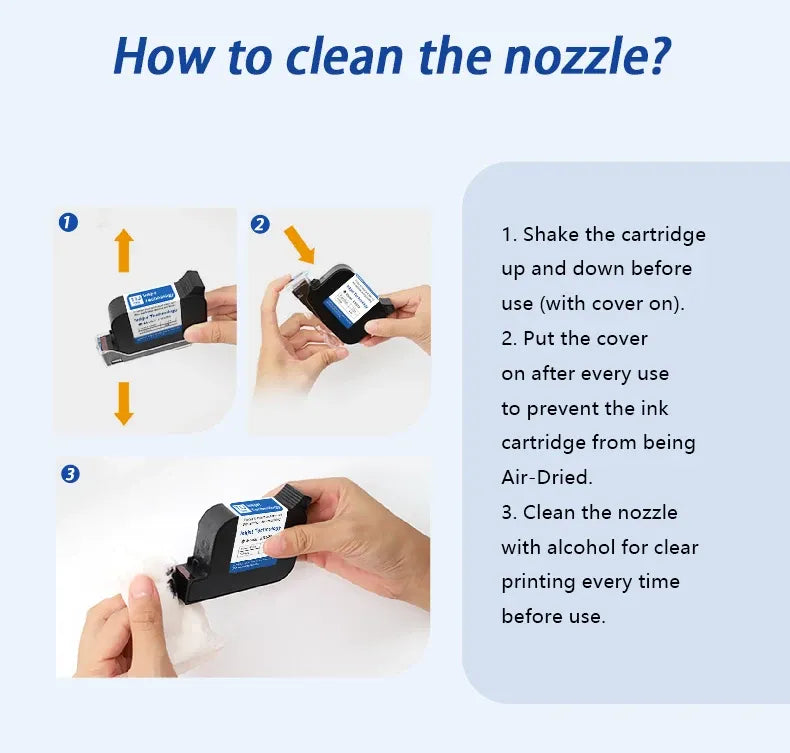 Handheld inkjet printer cleaning steps showing ink cartridge being cleaned