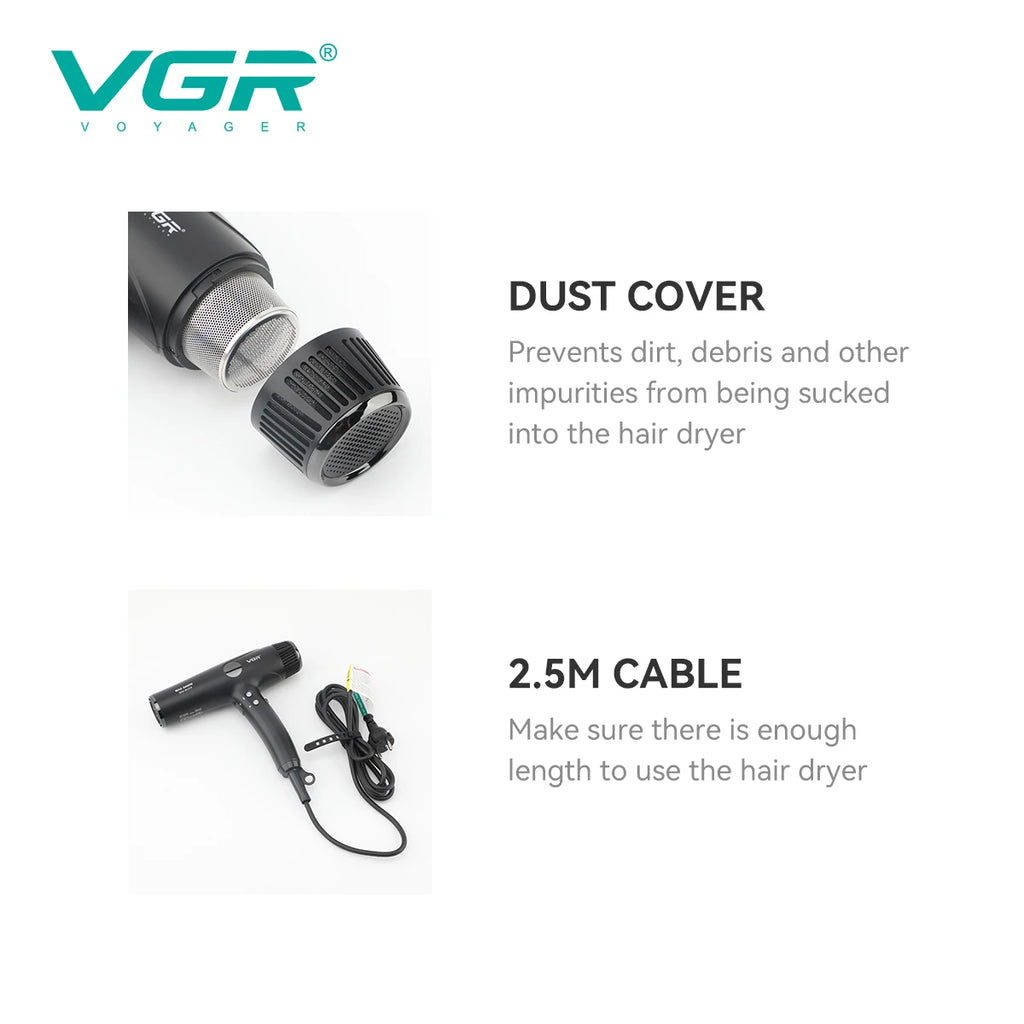 Black VGR V-469 professional hair dryer with removable dust cover and long 2.5m cable for salon or home use.