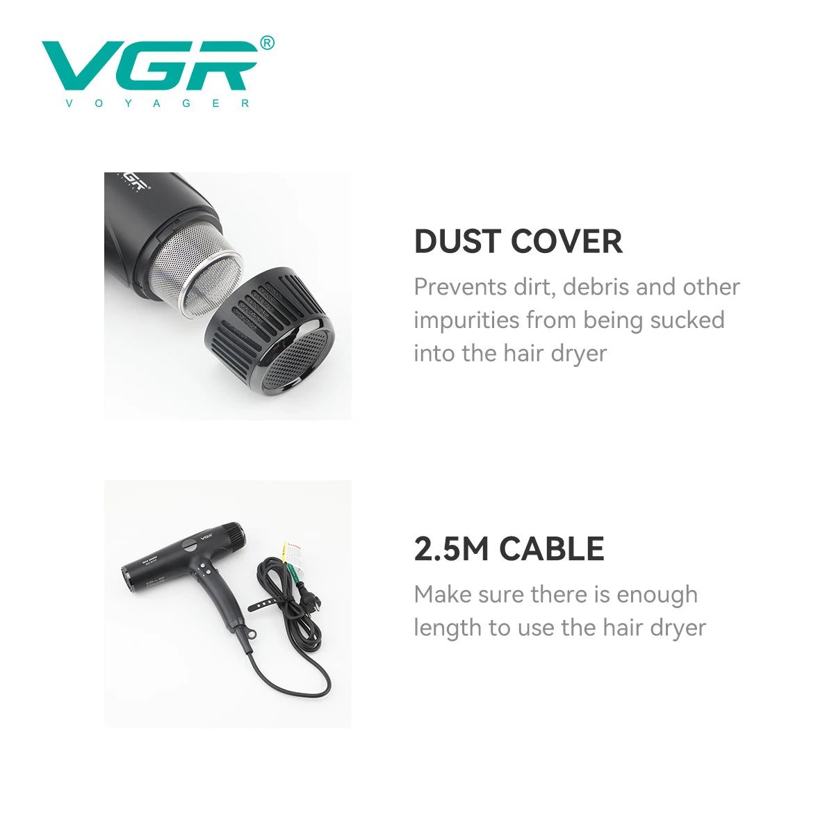 Black VGR V-469 professional hair dryer with removable dust cover and long 2.5m cable for salon or home use.
