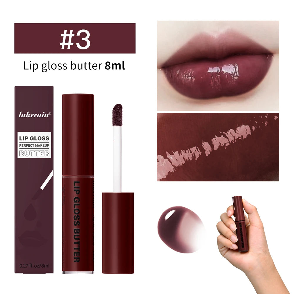 Lakerain non-stick butter lip gloss in dark berry shade, featuring a moisturizing, high-shine mirror finish effect.