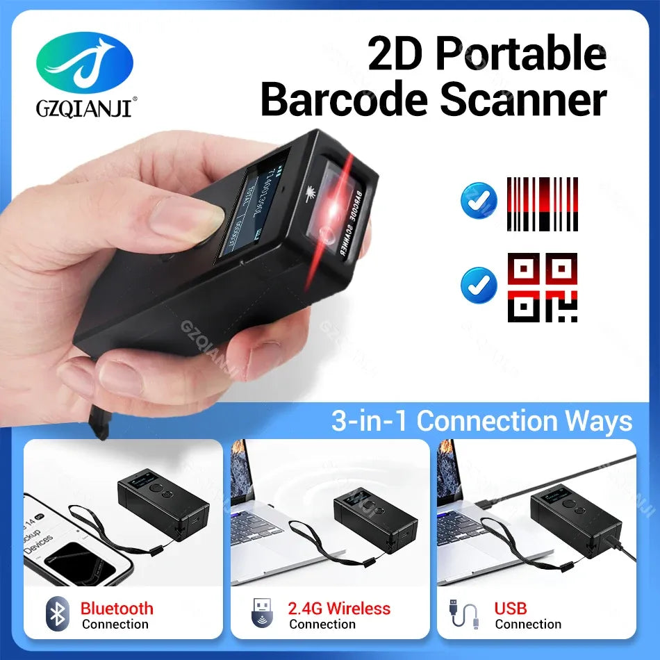 2D portable barcode scanner with display, black handheld device scanning barcodes