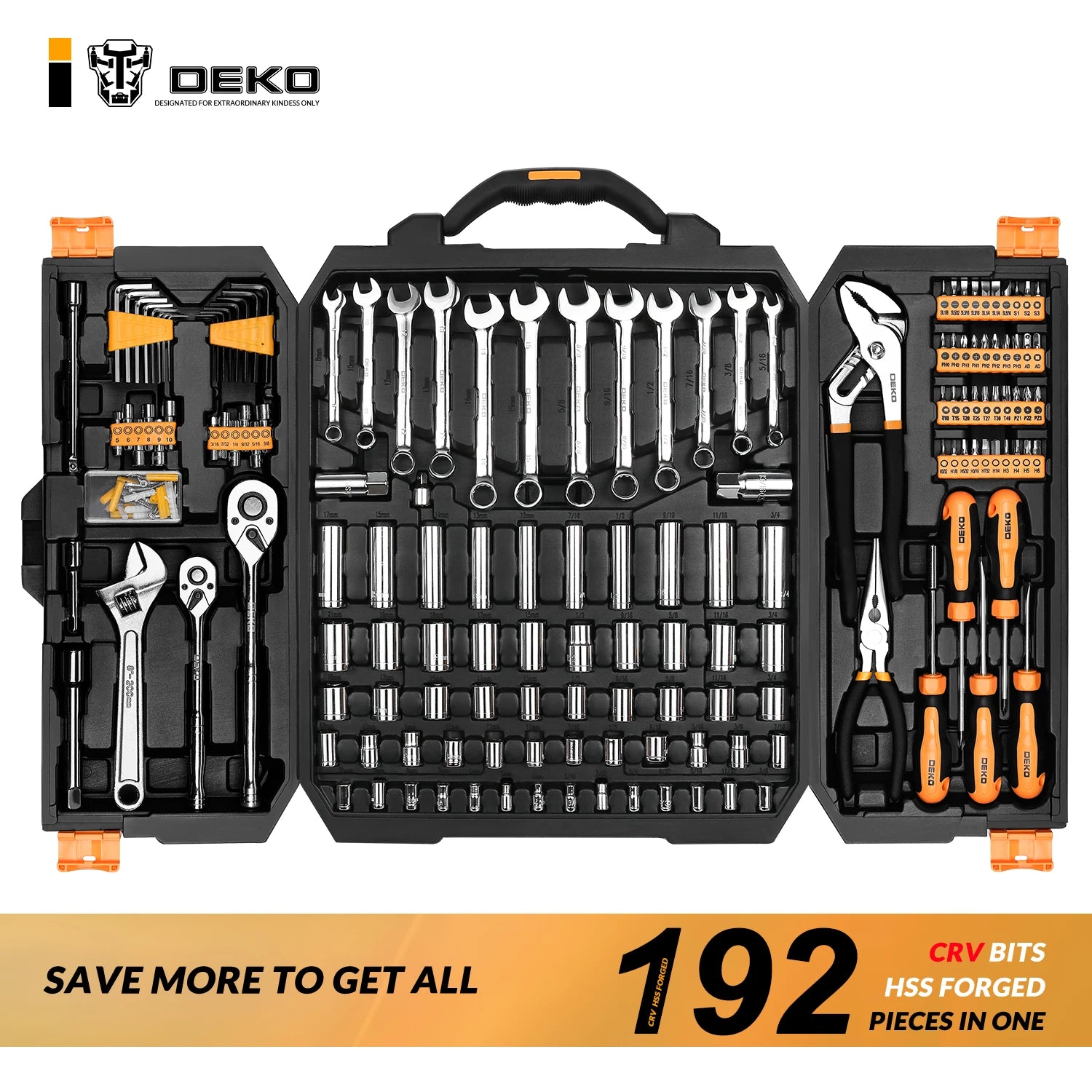 DEKO 192Pcs 198Pcs Professional Car Repair Tool Set Ratchet Spanner Screwdriver Socket Mechanics Tools Kit W/ Blow-Molding Box