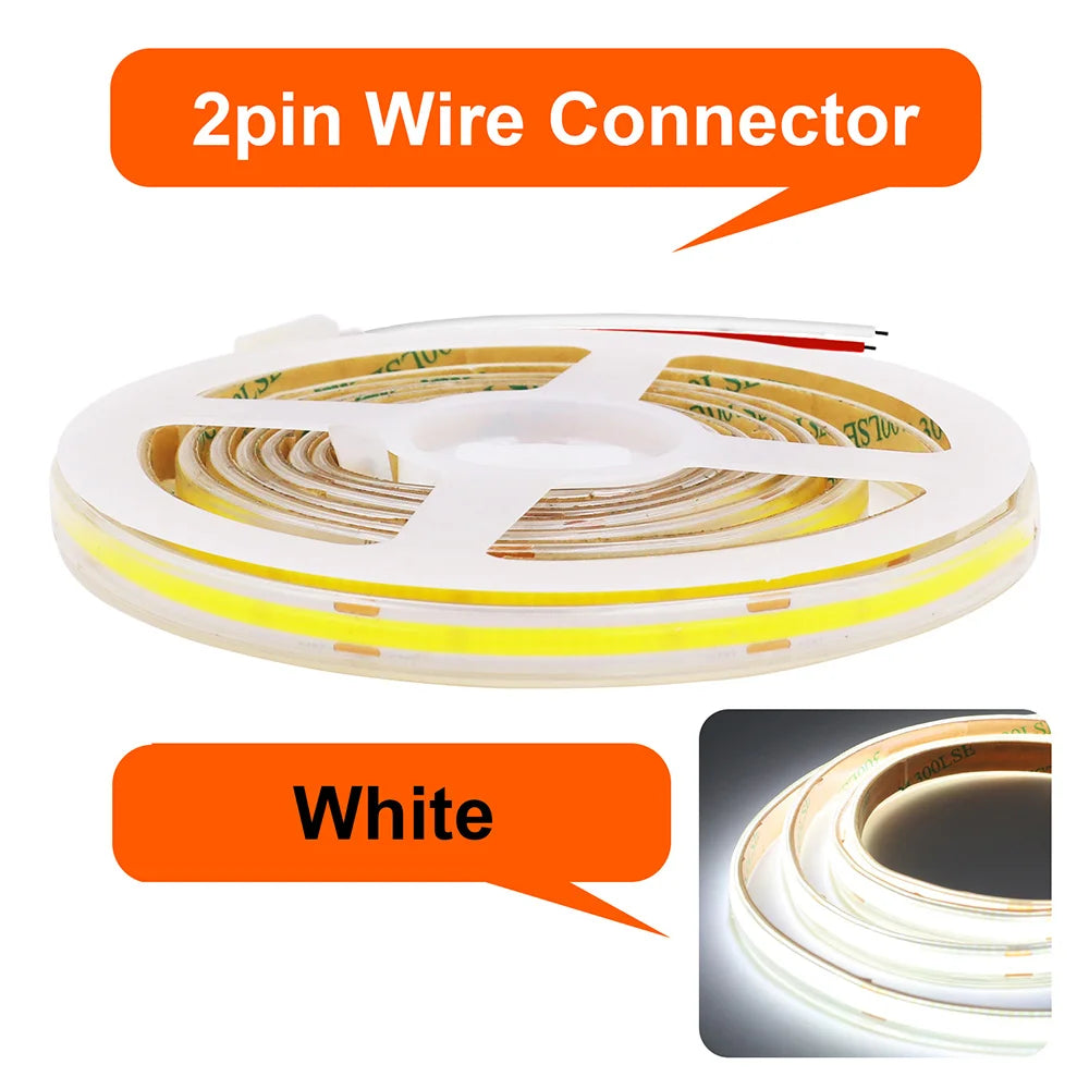 Flexible LED strip light on reel with 2-pin wire connector, white LED glow