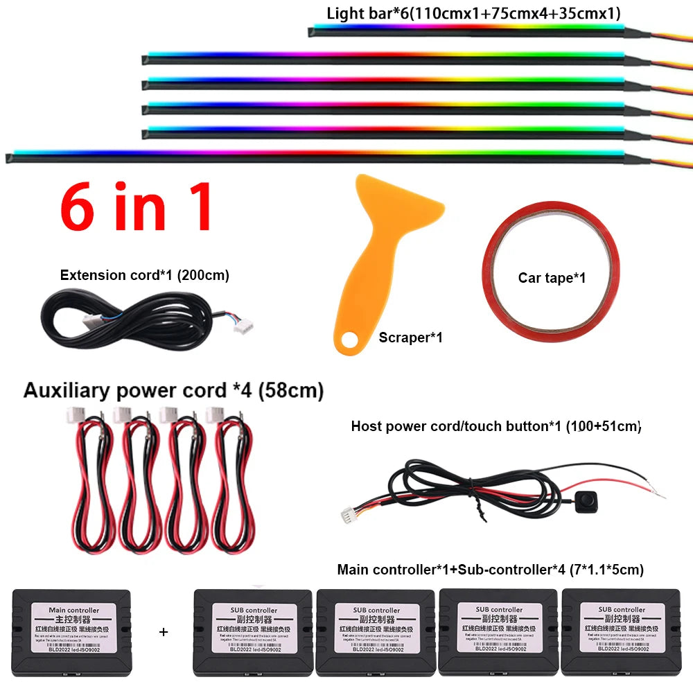 RGB LED Interior Car Strip Lights with App Control and Sync 6 in 1 Full Color Tidesmit