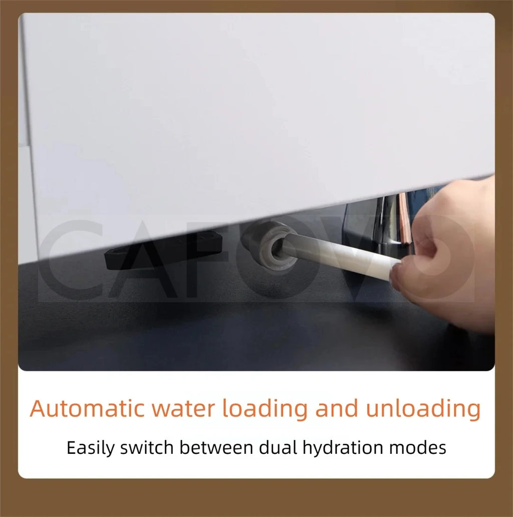 CAFOVO coffee maker water intake mechanism showing hand inserting white hose for automatic water loading and unloading.