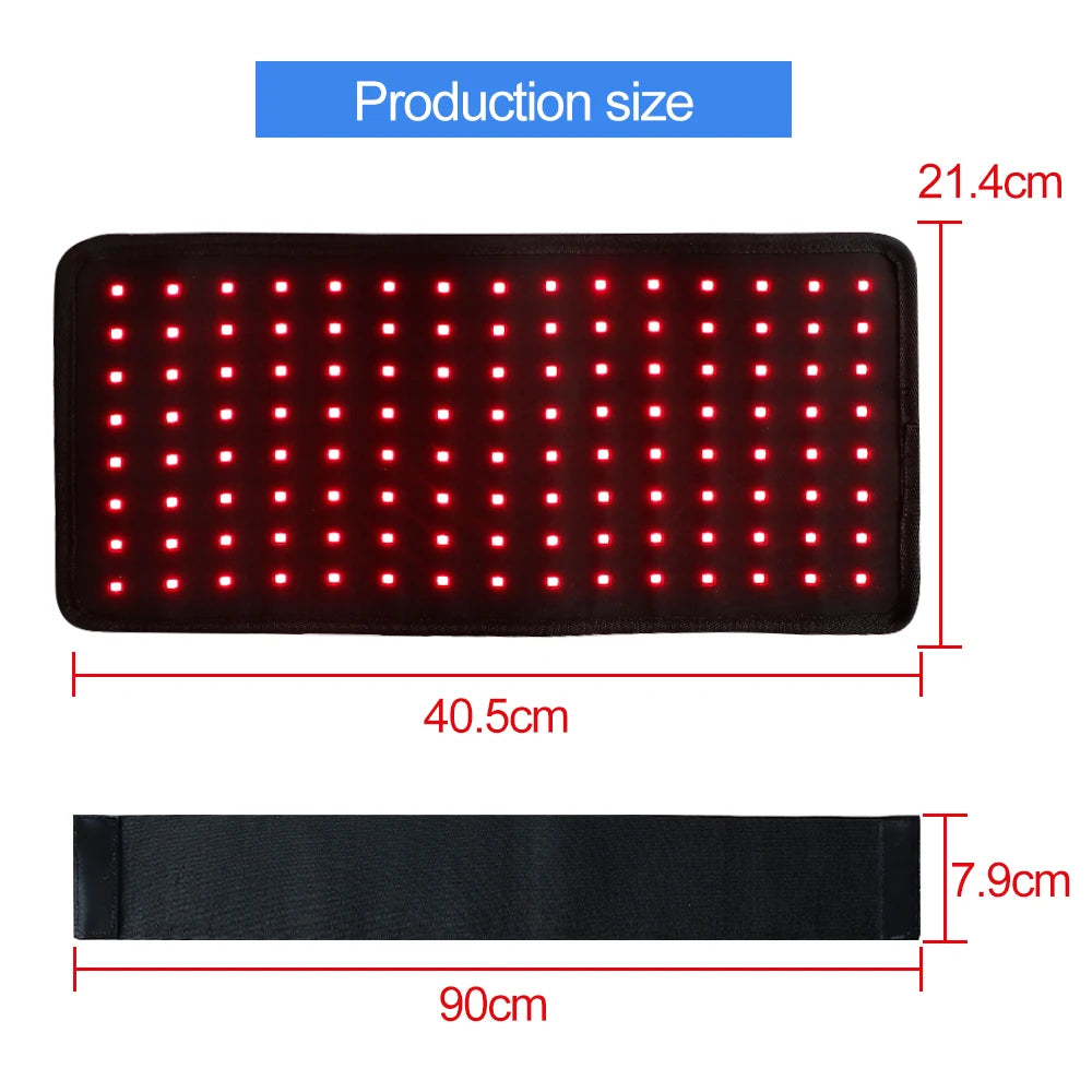 120 LED red light therapy waist belt for pain relief, showing dimensions of the light pad and adjustable strap.