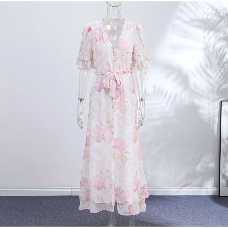 Printed Lace Patchwork Maxi Dress Women V-Neck Half Sleeve Single Breasted Lace Up Long Dresses 2026 Summer All-match Lady Robes