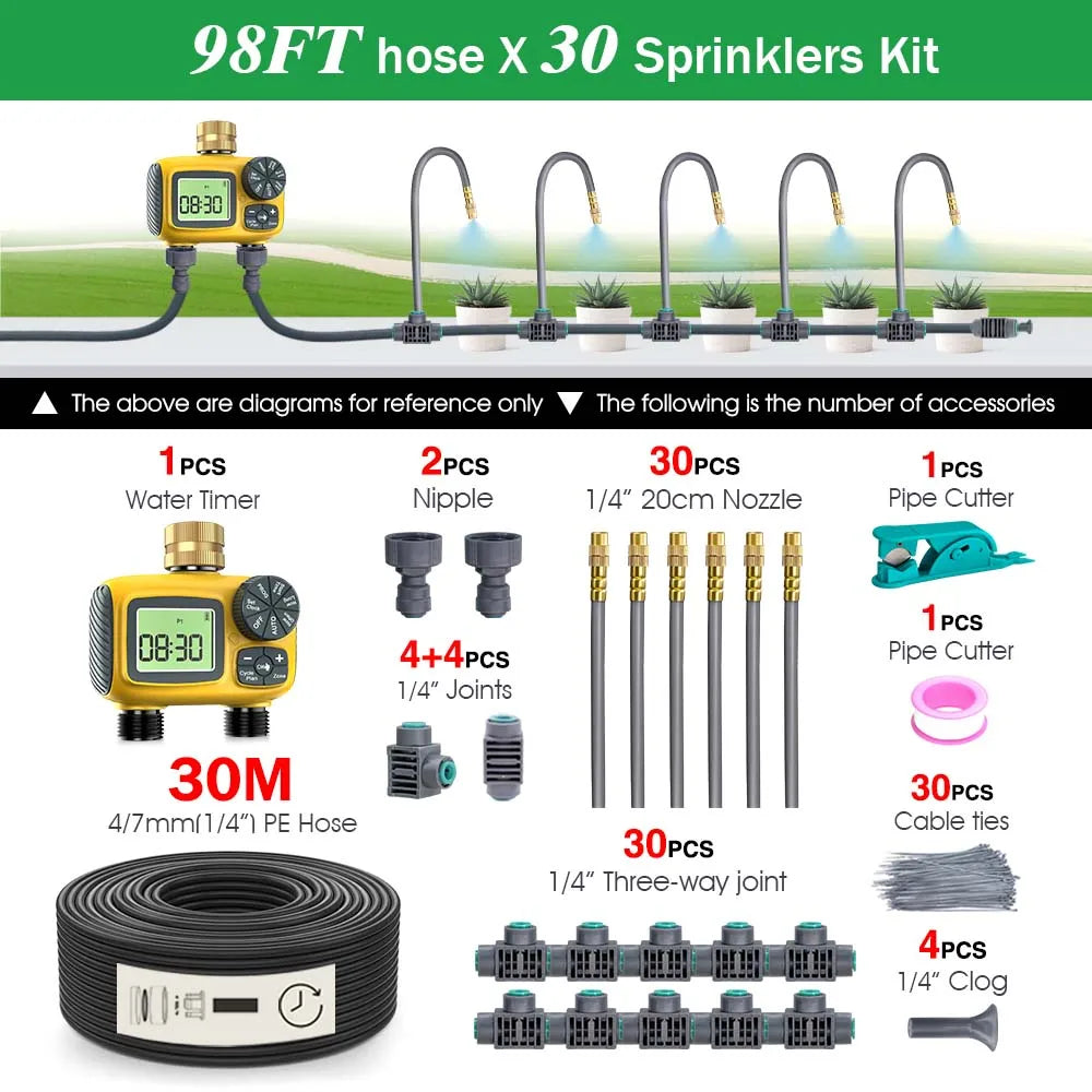 98FT hose and 30-sprinkler kit diagram showing timer, nozzles, joints, and cutter