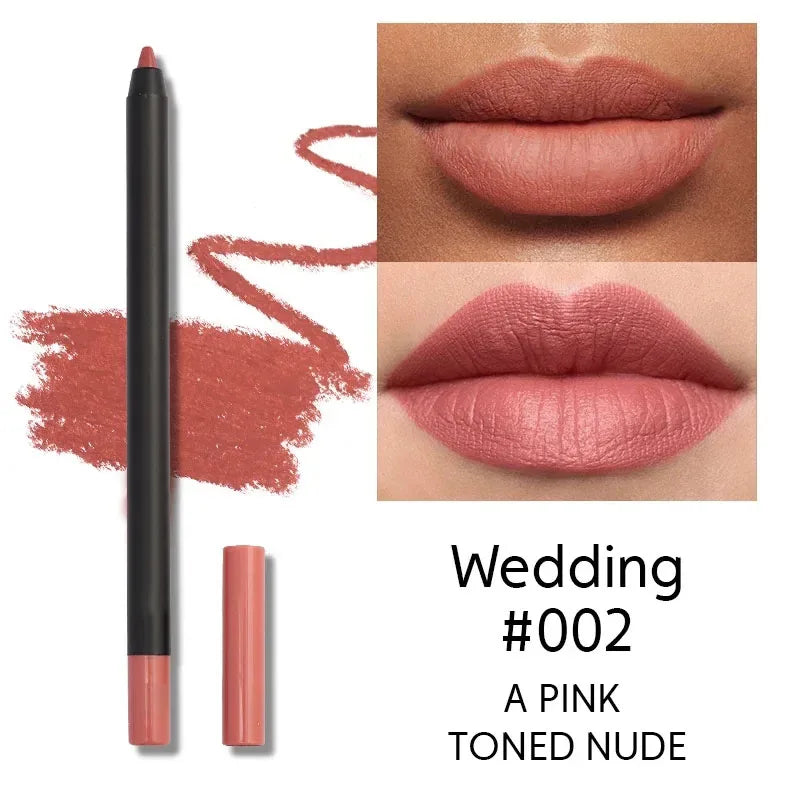 Matte nude brown lip liner pencil in pink-toned shade with smooth, waterproof, long-lasting application on lips.