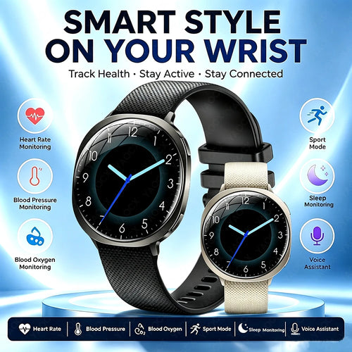 Round smartwatch with black perforated strap and dark screen, shown with a second light strap watch