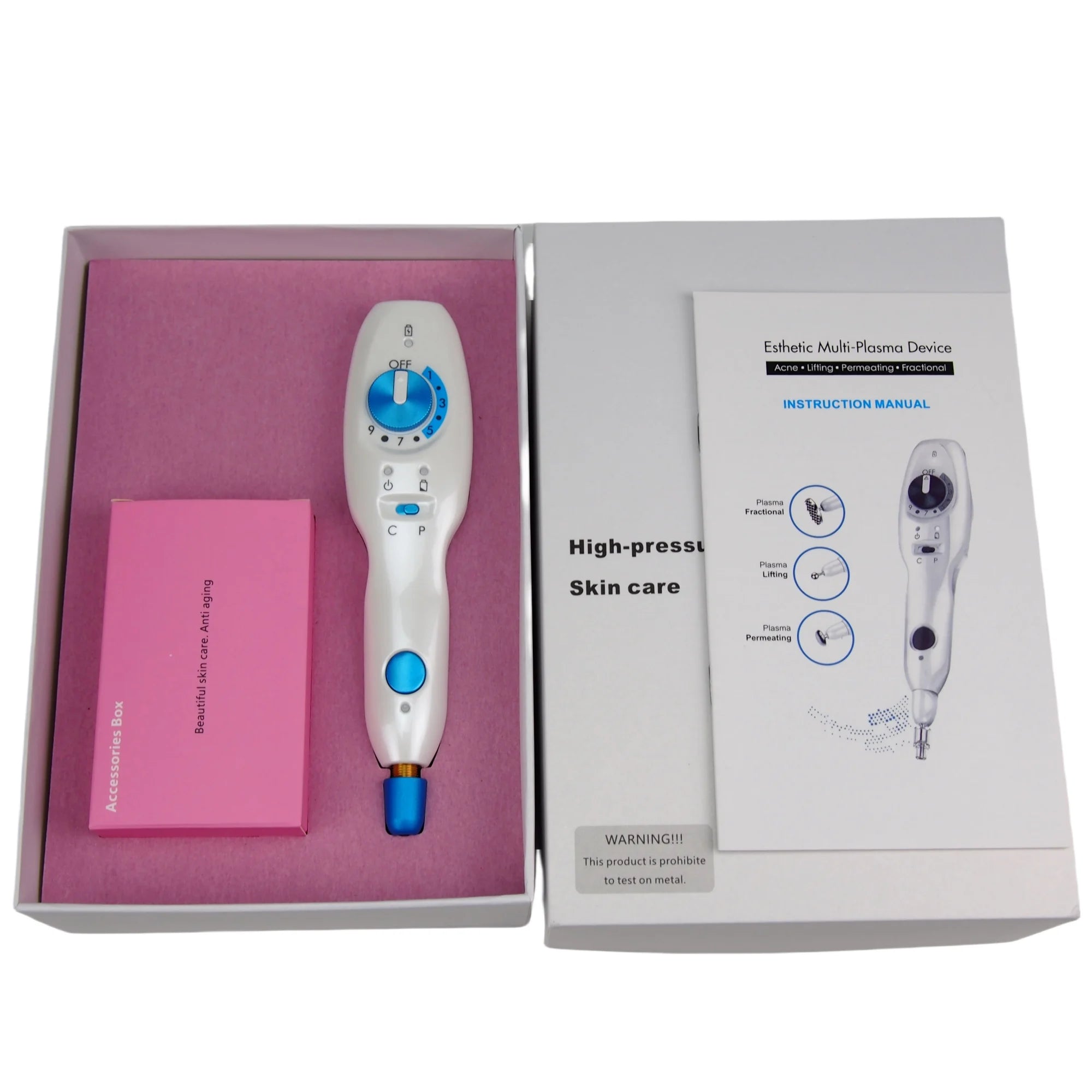 Wireless Plamax cold plasma skin tightening device for acne, blemish, and age spot removal in white and blue case.