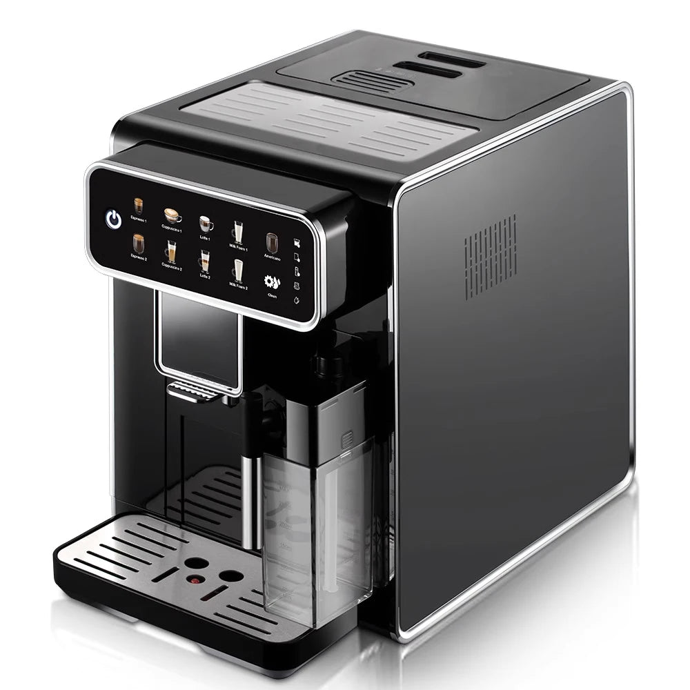 Black automatic espresso coffee machine with touchscreen display, milk frother, and drip tray on a white background.