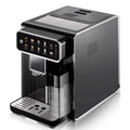 Black automatic espresso coffee machine with touchscreen display, milk frother, and drip tray on a white background.