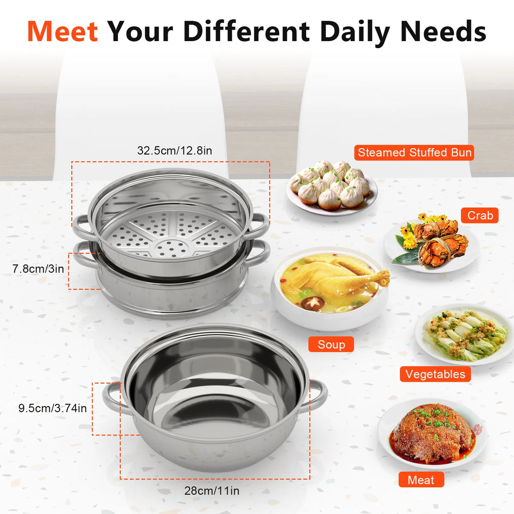 3-tier stainless steel steamer insert with perforated basket and domed lid