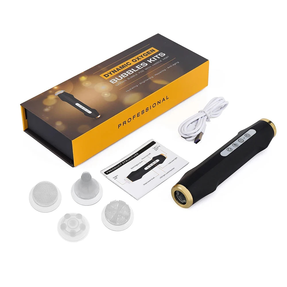 Black and gold oxygen facial device with four interchangeable massage heads, a charging cable, and a product box.