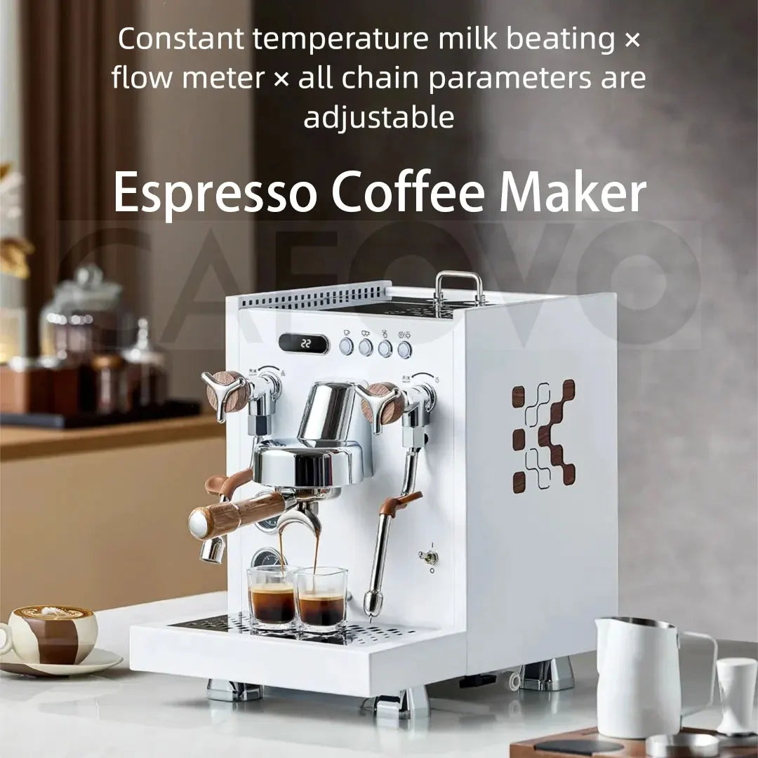 White CAEFO espresso coffee maker with wood handle, chrome accents, and digital display brewing two shots.