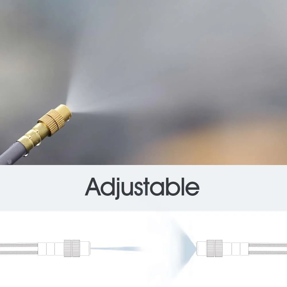 Close-up of adjustable brass mist connector on flexible hose pipe for water spray.