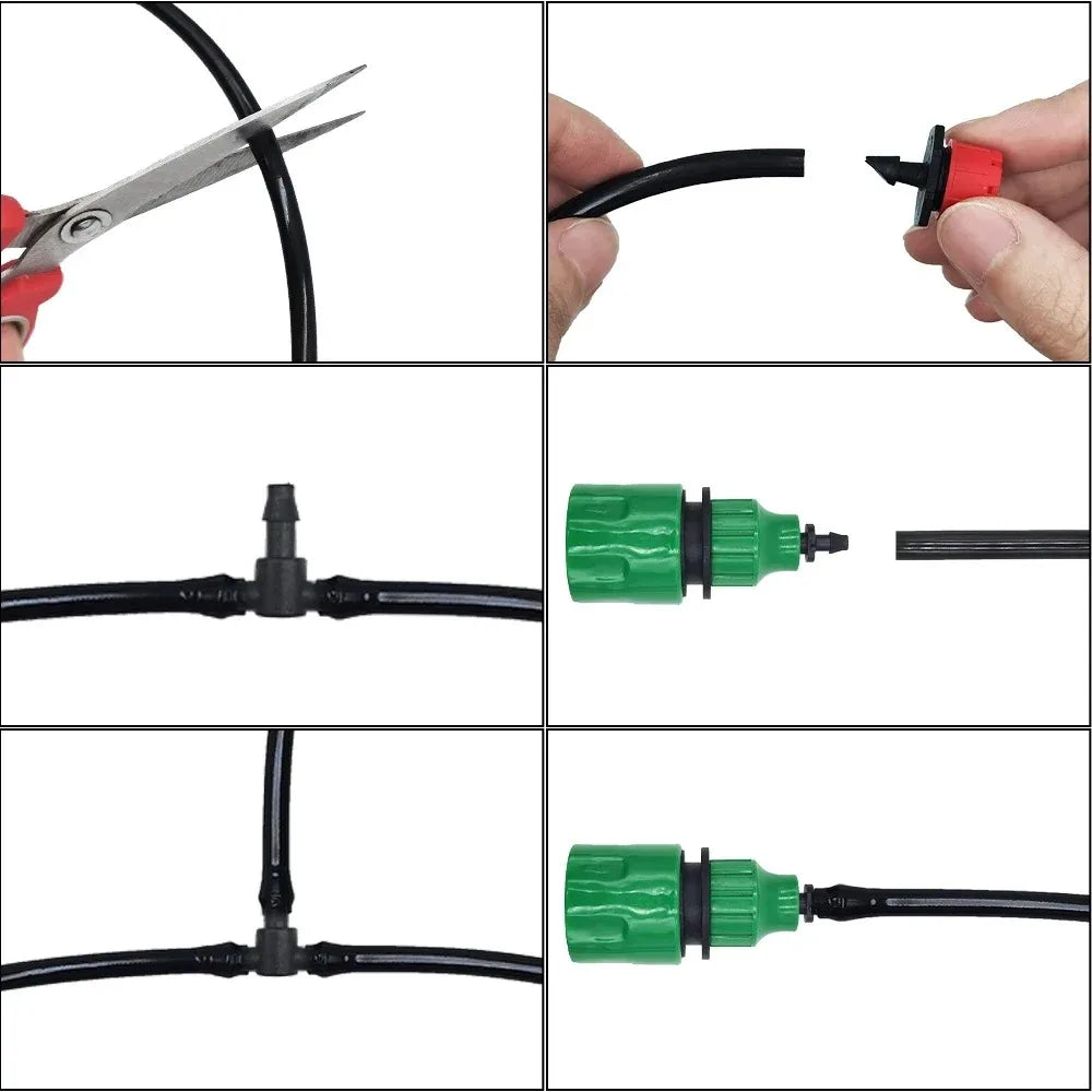 Drip irrigation hose connectors with hand setup, black tubing, green and red couplers