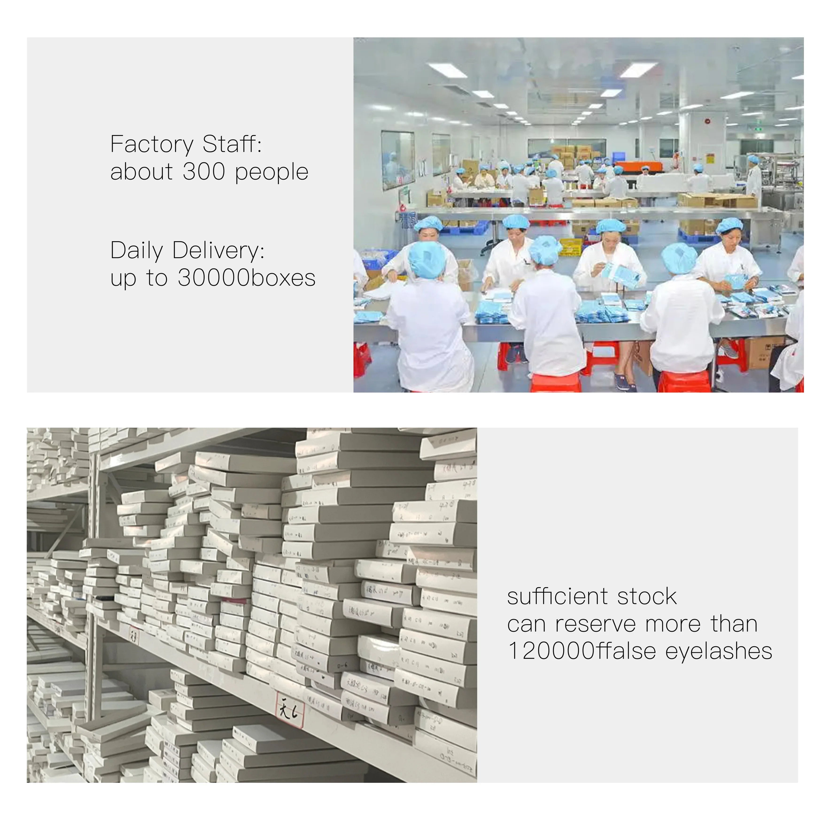 False eyelash factory with staff packing products and shelves filled with boxes of inventory.