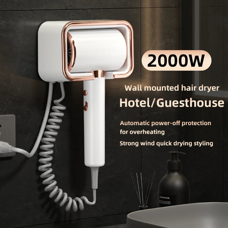 White and rose gold 2000W wall-mounted hair dryer with coiled cord, perfect for hotels and modern home bathrooms.