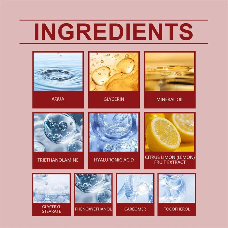 Infographic showing 10 skin care ingredient icons, including water, lemon, and chemical compounds, on a pink background.
