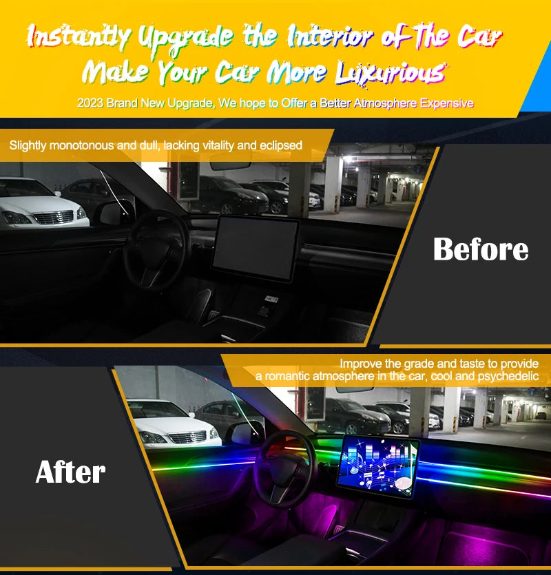 Car interior ambient LED strip lights glowing in various colors along the dashboard and door panels.