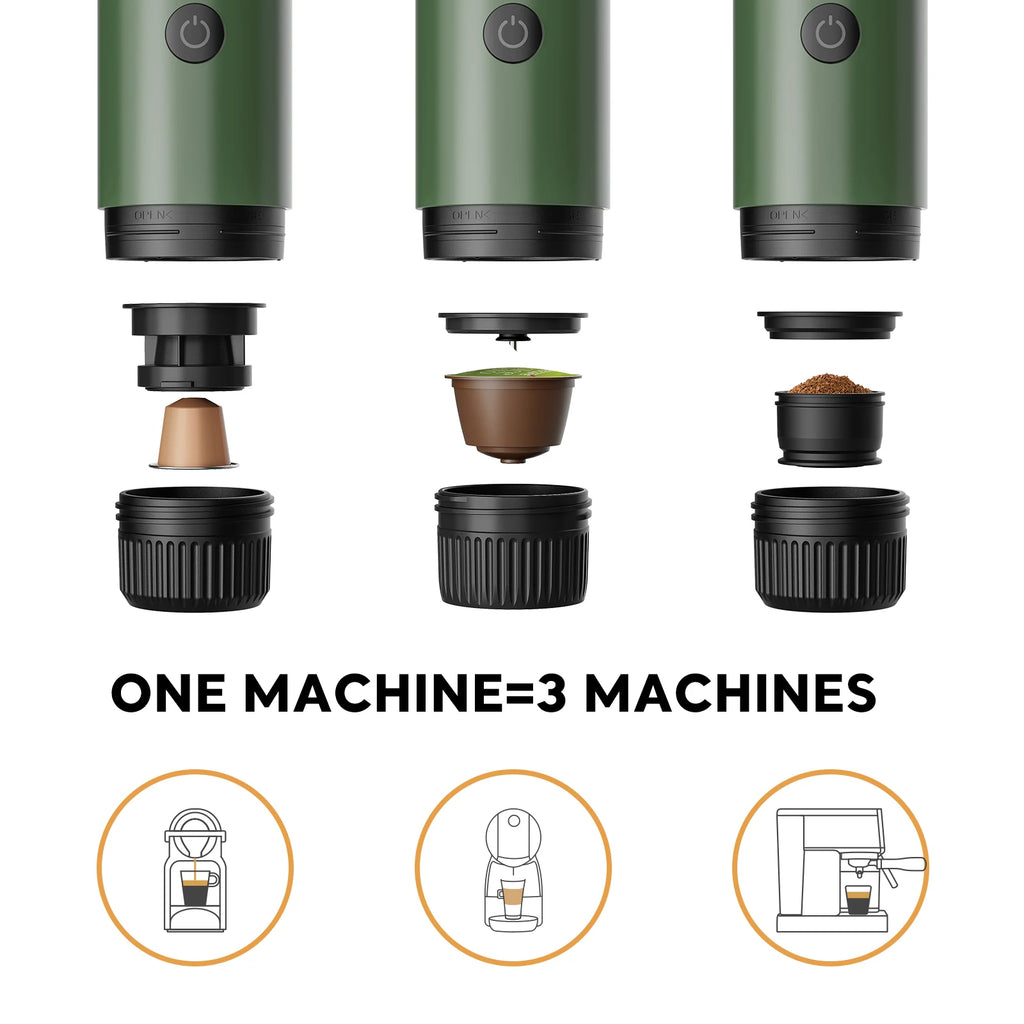 Green portable espresso maker with three interchangeable adapters for capsules and ground coffee.