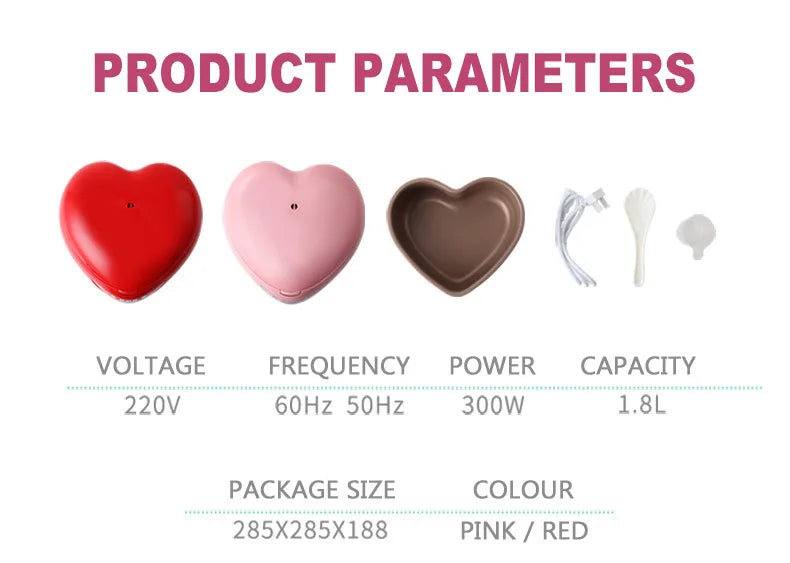 Heart-shaped rice cooker shells in red, pink, and brown with package specs