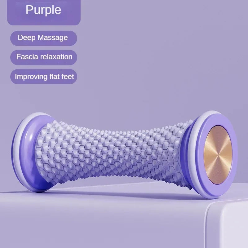Purple manual foot massager roller for plantar fasciitis, muscle relaxation, and deep tissue massage.