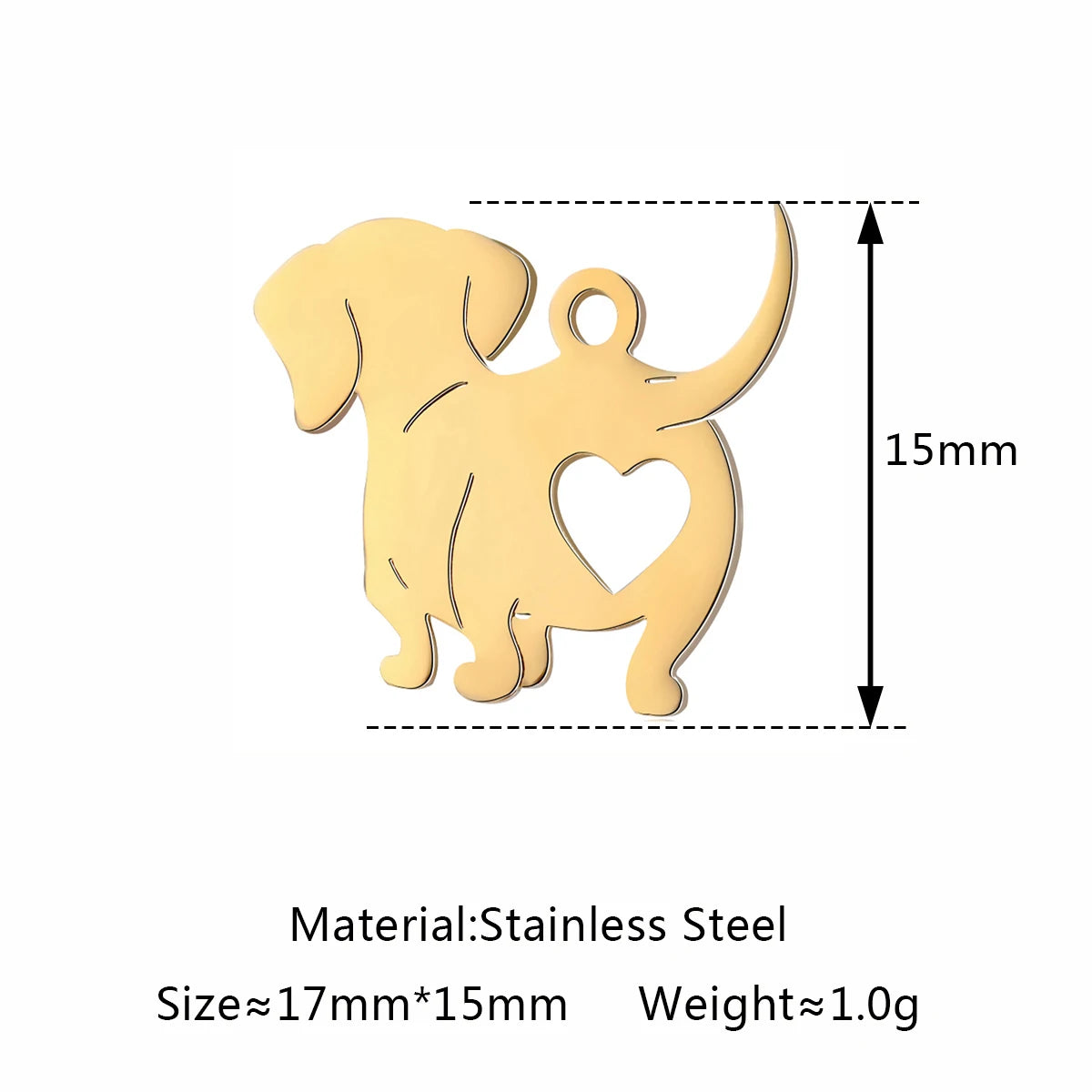 Gold stainless steel dog charm with heart cutout for DIY jewelry making, 17x15mm pet necklace pendant.