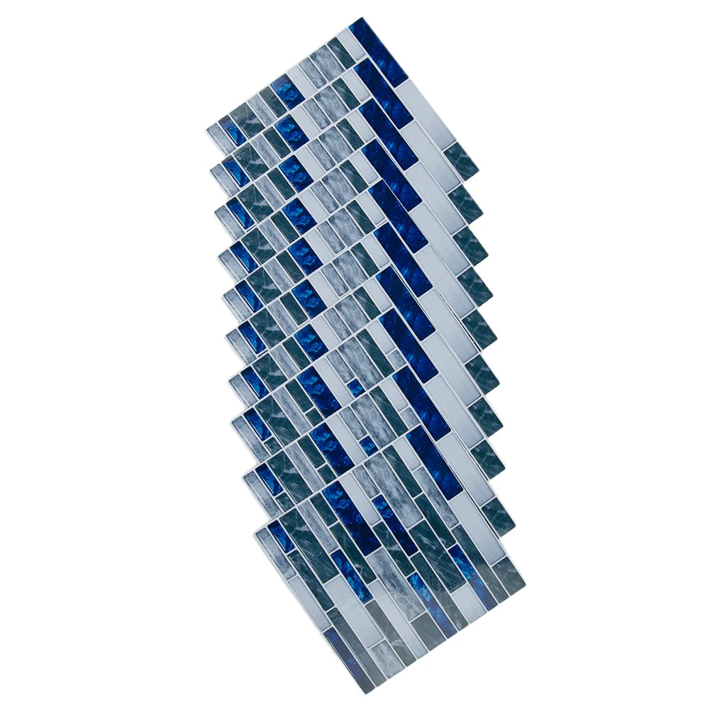 Blue and gray 3D mosaic tile wall sticker sheets, rectangular tile pattern set of 10