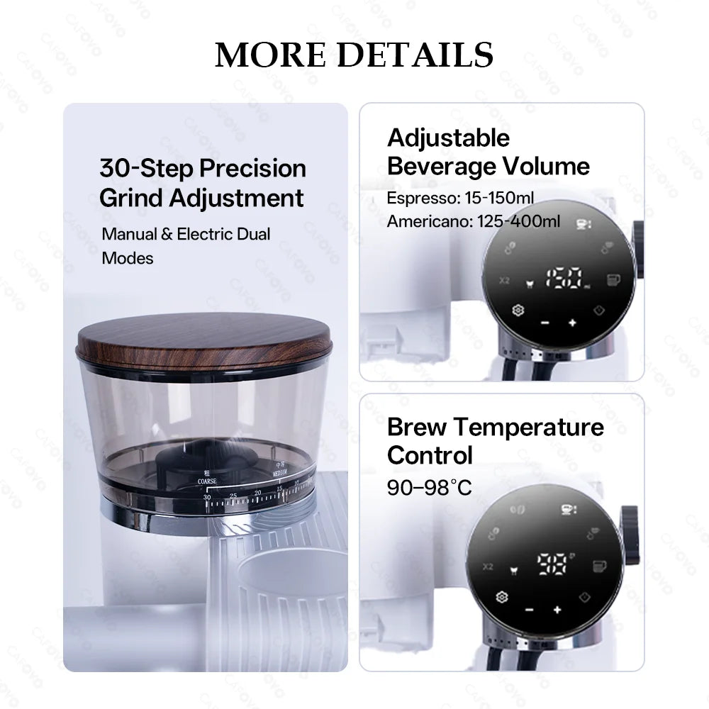 Cafoyo coffee maker with 30-step precision grinder, digital temperature display, and wood-look lid.