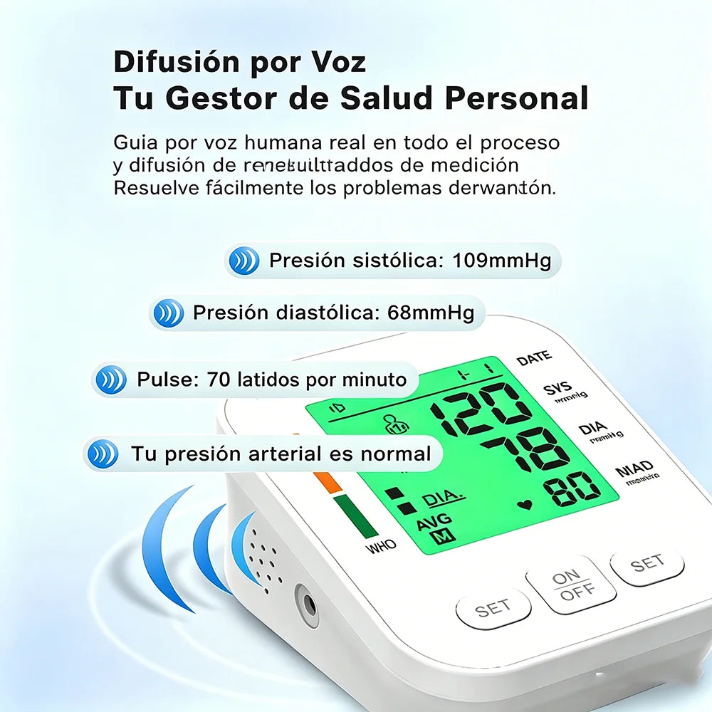 Spanish Blood Pressure Monitor Upper Arm Automatic Tonometer BP Cuff Machine with Backlight LED Display for Home Use Health Care