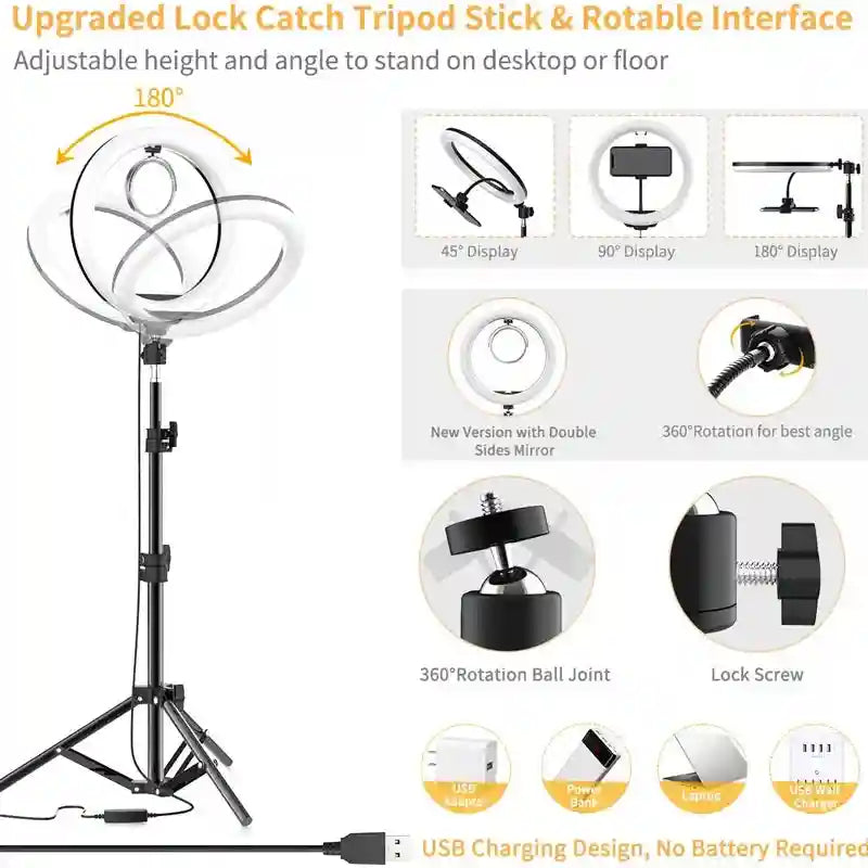 Adjustable black metal floor tripod with a circular LED ring light, rotatable mirror, and USB power cable.