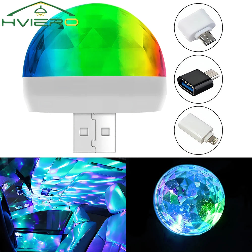 USB disco ball light with multi-colored faceted dome and adapters for car, party, or ambient interior lighting.