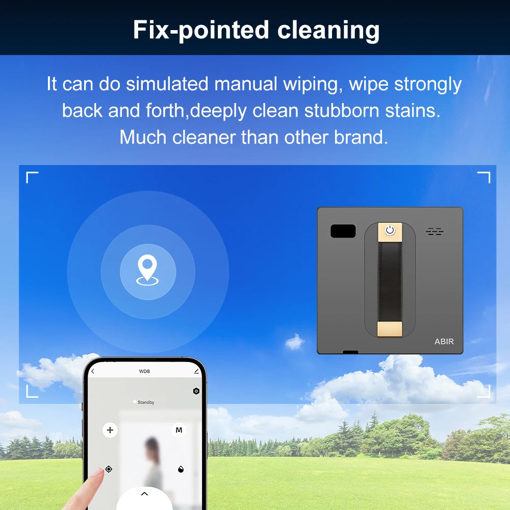 Tidesmit ABIR WD8 robot window cleaner side view showing dual water spray nozzles and smart laser navigation sensor.