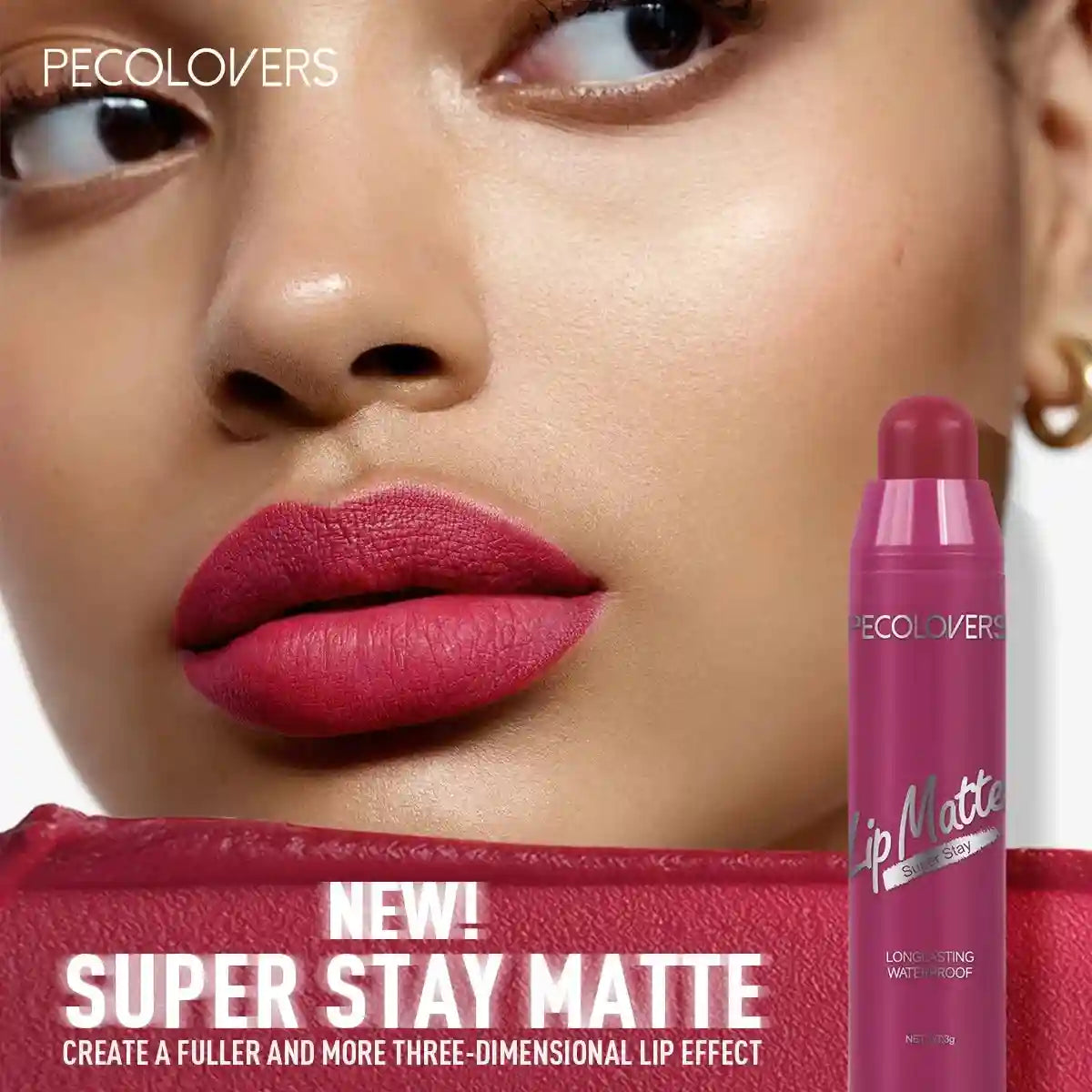 Model wearing long-lasting waterproof velvet matte lipstick in a rich, non-stick berry shade.